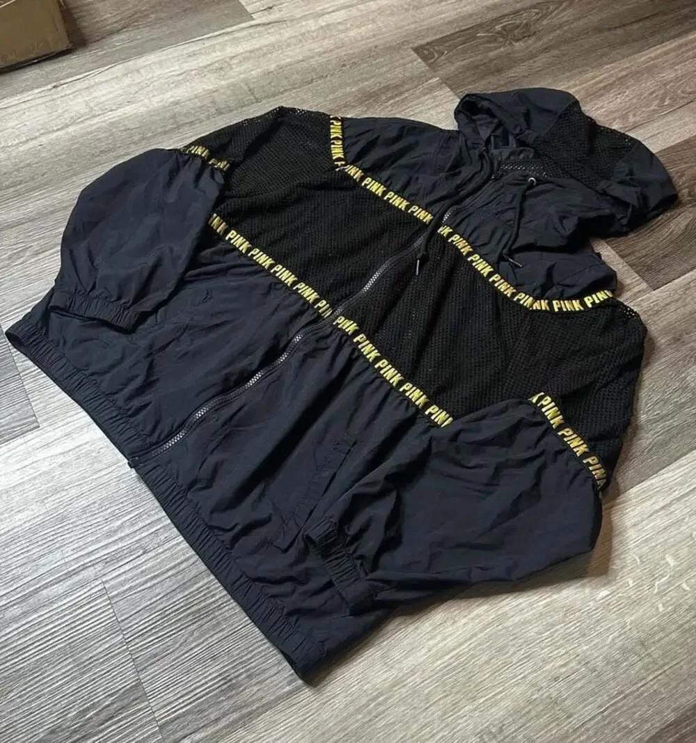 PINK Victoria's Secret Full Zip Hooded Mesh Windbreaker Jacket Black and Gold